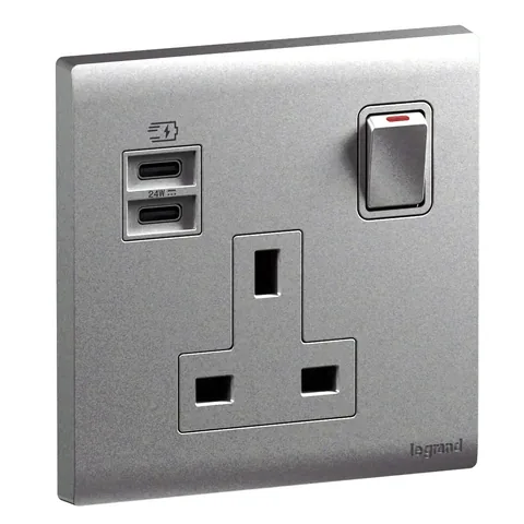 Legrand Obria — British standard double pole USB C+C 24W socket outlets 13 A - 250 V, Dark Silver — MEC33097SL
