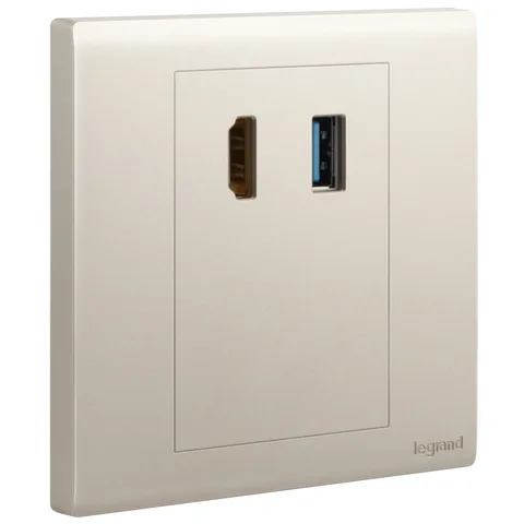 Legrand Obria — Audio and video sockets — HDMI Type-A sockets + USB Type-A data sockets, Champagne — MEC44015CH