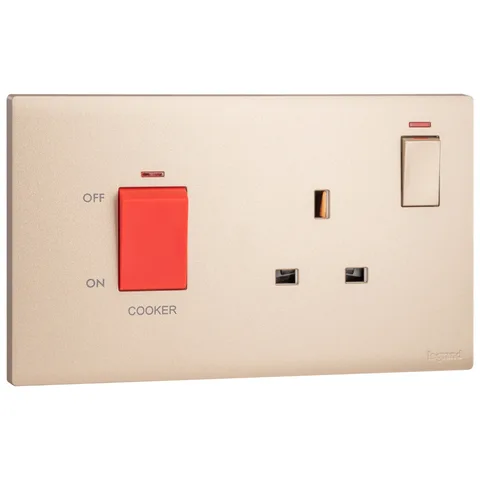 Legrand Obria — Cooker control units 45 A - 250 VA — 45 A DP switch + 13 A switched socket outlet with red indicator, Rose Gold — MEC73031RG
