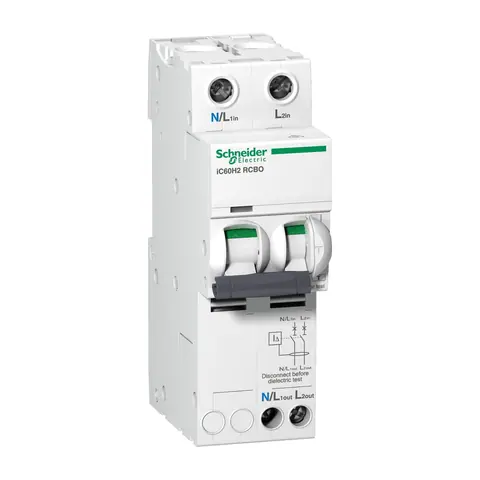 قاطع تفاضلي مع حماية زيادة التيار RCBO شنايدر Acti9 iC60H2، قطبان، 16 أمبير، حساسية 30 مللي أمبير — A9D11216