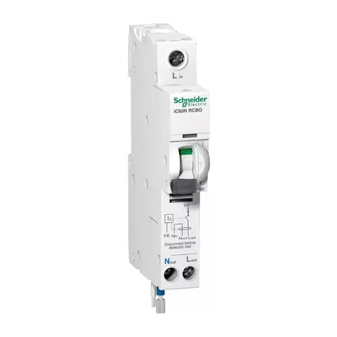Schneider Electric Residual current breaker with overcurrent protection (RCBO), Acti9 iC60N RCBO, 1P+Ns, 25A, 30mA, A type, 6000A — A9D61825