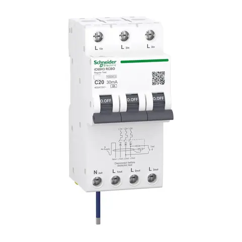 قاطع تفاضلي مع حماية زيادة التيار RCBO شنايدر Acti9 iC60H3، 3 قطب + محايد، 20 أمبير، منحنى C، حساسية 30 مللي أمبير — A9DC1920