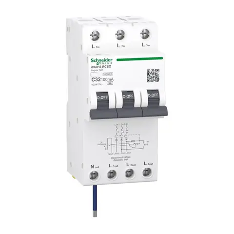 Schneider Electric Residual current breaker with overcurrent protection (RCBO), Acti9 iC60H3, 3P+Ns, C Curve, 32A, 100mA, A type, 10000A — A9DC2932