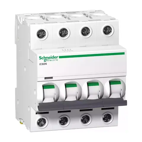 قاطع دائرة مصغّر MCB شنايدر Acti9 iC60N، 4 أقطاب، 16 أمبير، منحنى B، قدرة قطع 10 كيلو أمبير — A9F43416