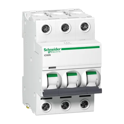 قاطع دائرة مصغّر MCB شنايدر Acti9 iC60N، 3 أقطاب، 63 أمبير، منحنى C، قدرة قطع 10 كيلو أمبير — A9F44363