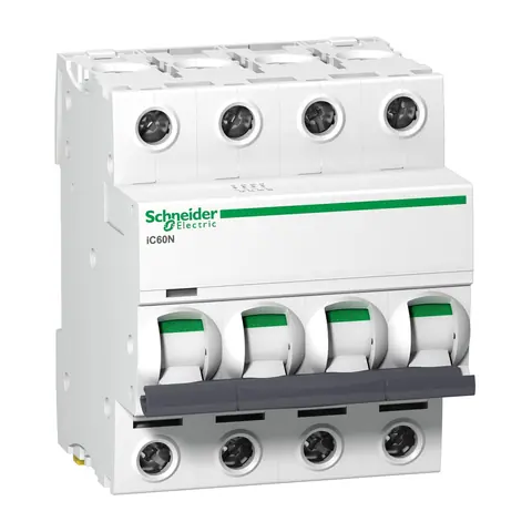 قاطع دائرة مصغّر MCB شنايدر Acti9 iC60N، 4 أقطاب، 6 أمبير، منحنى C، قدرة قطع 10 كيلو أمبير — A9F44406