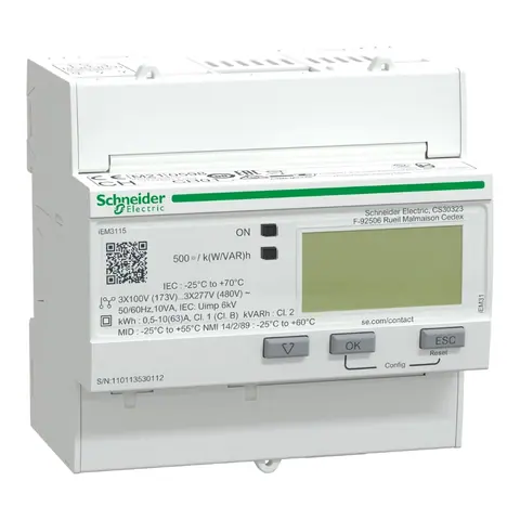 عداد طاقة ثلاثي الطور شنايدر iEM3115، 63 أمبير مباشر، متعدد التعرفة، معتمد MID — A9MEM3115