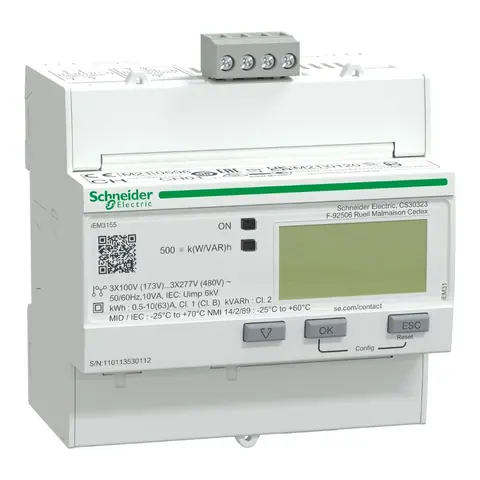 عداد طاقة ثلاثي الطور شنايدر iEM3155، 63 أمبير مباشر، اتصال Modbus، متعدد التعرفة، معتمد MID — A9MEM3155