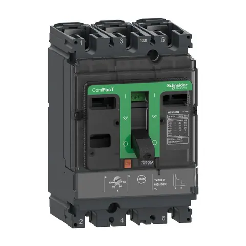 قاطع دائرة MCCB شنايدر ComPacT NSX100B، 3 أقطاب، 100 أمبير، قدرة قطع 25 كيلو أمبير عند 415 فولت، وحدة حماية TMD — C10B3TM100C