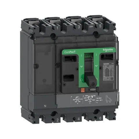 قاطع دائرة MCCB شنايدر ComPacT NSX100H، 4 أقطاب، 40 أمبير، قدرة قطع 70 كيلو أمبير عند 415 فولت، وحدة حماية TMD — C10H6TM040C