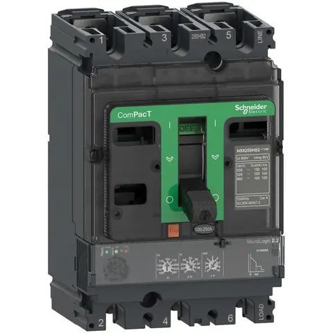 قاطع دائرة MCCB شنايدر ComPacT NSX250N، 3 أقطاب، 160 أمبير، قدرة قطع 50 كيلو أمبير عند 415 فولت، وحدة حماية MicroLogic 2.2 — C25N32D160