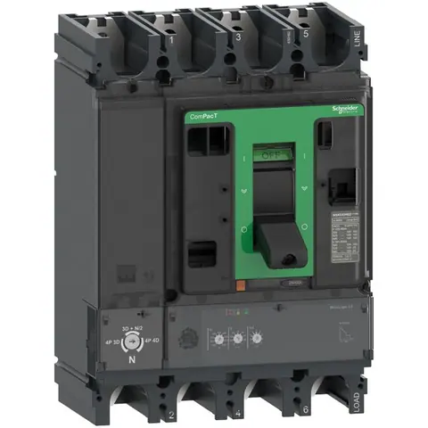قاطع دائرة MCCB شنايدر ComPacT NSX400H، 4 أقطاب، 250 أمبير، قدرة قطع 70 كيلو أمبير عند 415 فولت، وحدة حماية MicroLogic 2.3 — C40H42D250