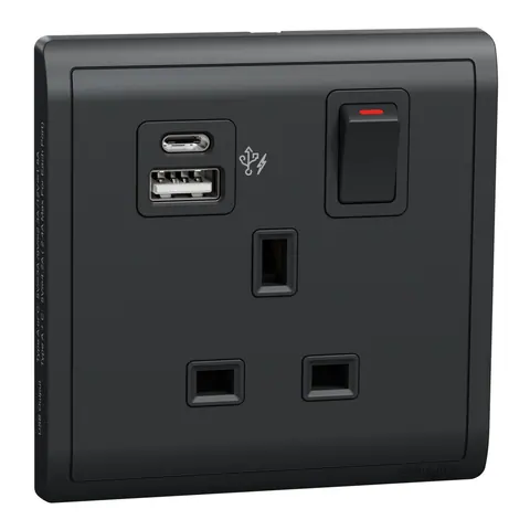 Schneider Electric Switched socket with USB charger, Pieno, 21W type A+C, 13A, matt black — E8215DACUSB_MB