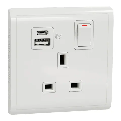 مقبس بمفتاح مع شاحن USB شنايدر Pieno، 13 أمبير، منفذا USB-A وUSB-C، أبيض — E8215DACUSB_WE