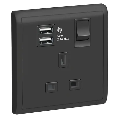 مقبس بمفتاح مع شاحن USB شنايدر Pieno، وحدة واحدة، 13 أمبير، أسود مطفي — E8215USB_MB_G12
