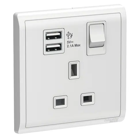مقبس بمفتاح مع شاحن USB شنايدر Pieno، وحدة واحدة، 13 أمبير، أبيض — E8215USB_WE