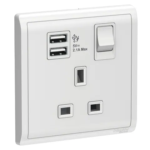 مقبس بمفتاح مع شاحن USB شنايدر Pieno، وحدة واحدة، 13 أمبير، أبيض — E8215USB_WE_G12