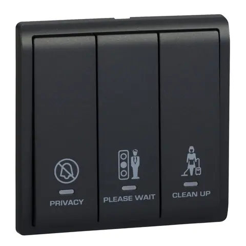 Schneider Electric Switch, Pieno, 16AX, 3 gang, with neon with "Privacy", "please Clean Up" & "please Wait " symbols, matt black — E8233DMWS_MB