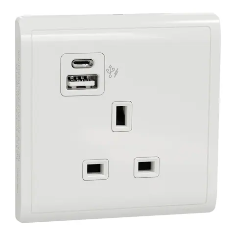 مقبس مع شاحن USB شنايدر Pieno، 13 أمبير، منفذا USB-A وUSB-C، أبيض — E82426ACUSB_WE