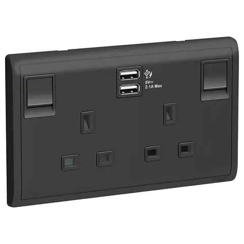 مقبس بمفتاح مع شاحن USB شنايدر Pieno، وحدتان، 13 أمبير، أسود مطفي — E82T25USB_MB_G12