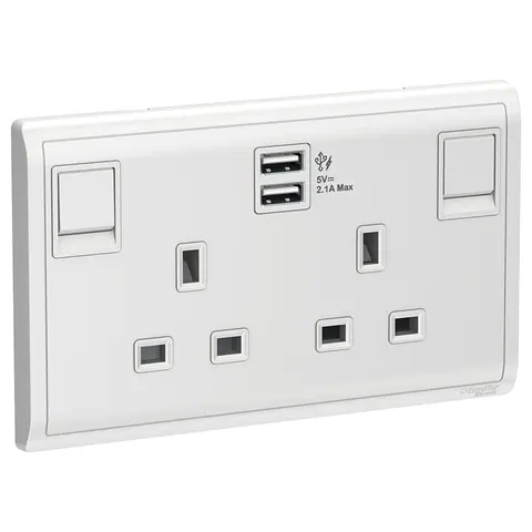مقبس بمفتاح مع شاحن USB شنايدر Pieno، وحدتان، 13 أمبير، أبيض — E82T25USB_WE_G12