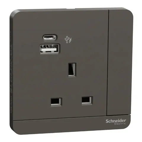 مقبس بمفتاح مع شاحن USB شنايدر AvatarOn، وحدة واحدة، 2P، 13 أمبير، منفذا USB-A وUSB-C، مع مؤشر ضوئي، رمادي داكن — E8315DACUSR1N_DG