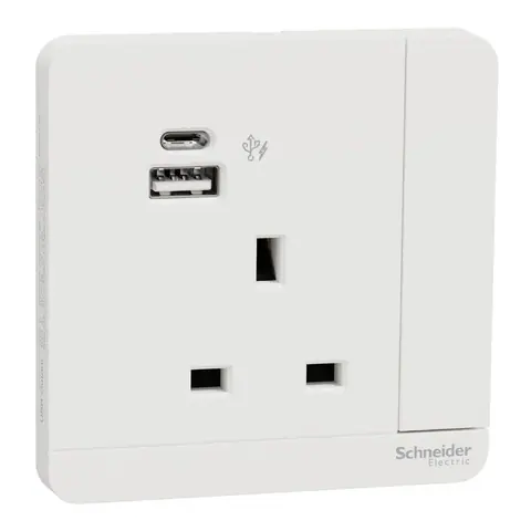Schneider Electric Switched socket with USB charger, AvatarOn, 21W type A+C, LED, 1 gang, 2P, 13A, white — E8315DACUSR1N_WE