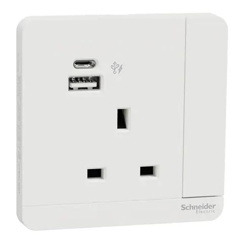 مقبس بمفتاح مع شاحن USB شنايدر AvatarOn، وحدة واحدة، 2P، 13 أمبير، منفذا USB-A وUSB-C، أبيض — E8315DACUSR1_WE