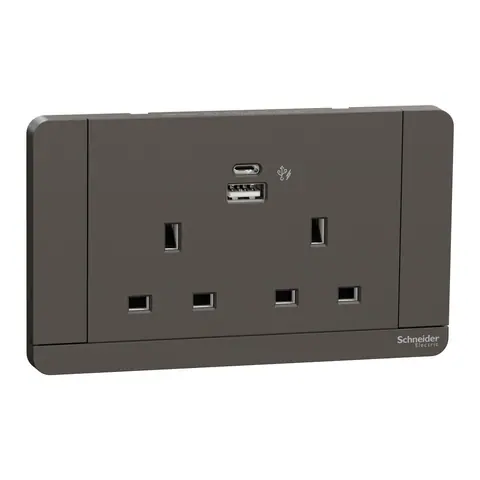 Schneider Electric Switched socket with USB charger, AvatarOn, 21W type A+C, 2 gang, 2P, 13A, dark grey — E83T25DACUS_DG