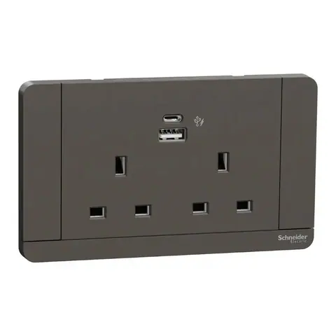 مقبس بمفتاح مع شاحن USB شنايدر AvatarOn، وحدتان، 2P، 13 أمبير، منفذا USB-A وUSB-C، مع مؤشر ضوئي، رمادي داكن — E83T25DACUSN_DG