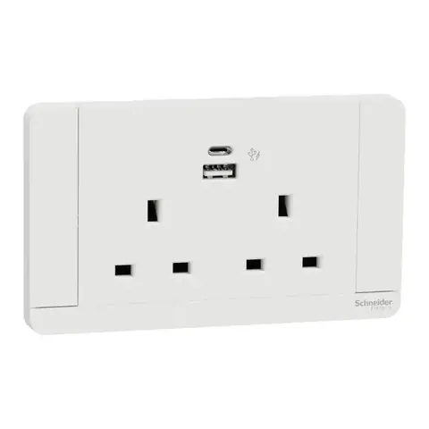 Schneider Electric Switched socket with USB charger, AvatarOn, 21W type A+C, LED, 2 gang, 2P, 13A, white — E83T25DACUSN_WE