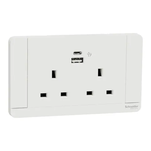 مقبس بمفتاح مع شاحن USB شنايدر AvatarOn، وحدتان، 2P، 13 أمبير، منفذا USB-A وUSB-C، أبيض — E83T25DACUS_WE