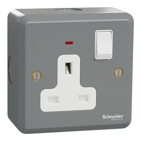 Schneider Electric Switched socket, ESM, 1 gang, with neon, double pole, 13A, 250V, grey — ESMT15DN