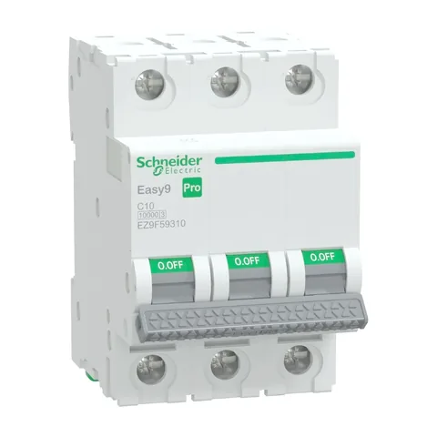 Schneider Electric Miniature Circuit Breaker(MCB), Easy9 Pro, 3P, 10A, C curve, 10000A(IEC/EN 60898-1), 10kA(IEC/EN 60947-2) — EZ9F59310