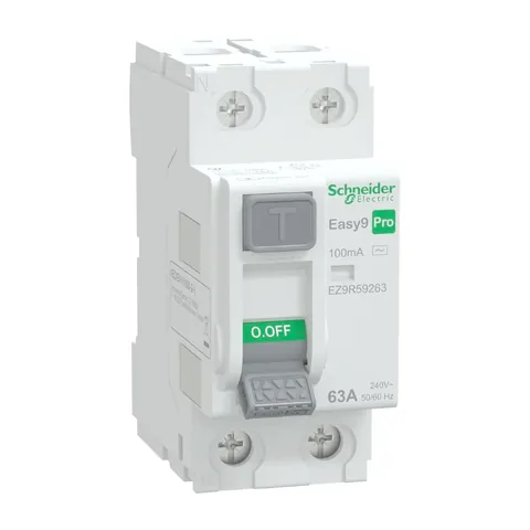 Schneider Electric Residual current circuit breaker(RCCB), Easy9 Pro, 2P, 63A, AC Type, 100mA — EZ9R59263