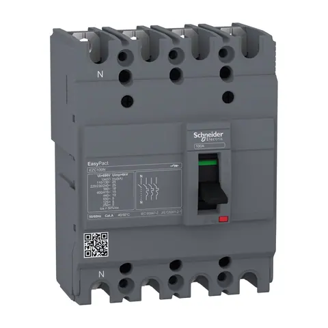 Schneider Electric Moulded case circuit breaker (MCCB), EasyPact EZC100N, TMD, 80A, 4P3D — EZC100N4080