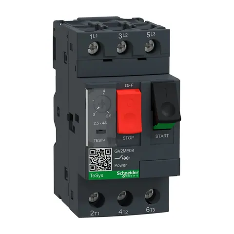Schneider Electric Motor circuit breaker, TeSys Deca, 3P, 2.5 to 4A, thermal magnetic, screw clamp terminals, button control — GV2ME08