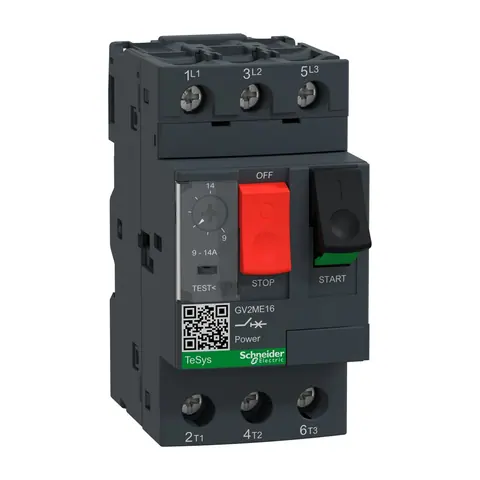 Schneider Electric Motor circuit breaker, TeSys Deca, 3P, 9 to 14A, thermal magnetic, screw clamp terminals, button control — GV2ME16
