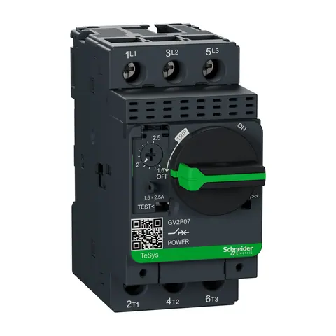 قاطع حماية محرك MPCB شنايدر TeSys Deca، 3 أقطاب، ضبط 1.6–2.5 أمبير، حماية حرارية ومغناطيسية، مقبض دوار — GV2P07