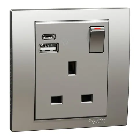 مقبس بمفتاح مع شاحن USB شنايدر Vivace، 13 أمبير، منفذا USB-A وUSB-C، فضي ألمنيوم — KB15DACUSB_AS