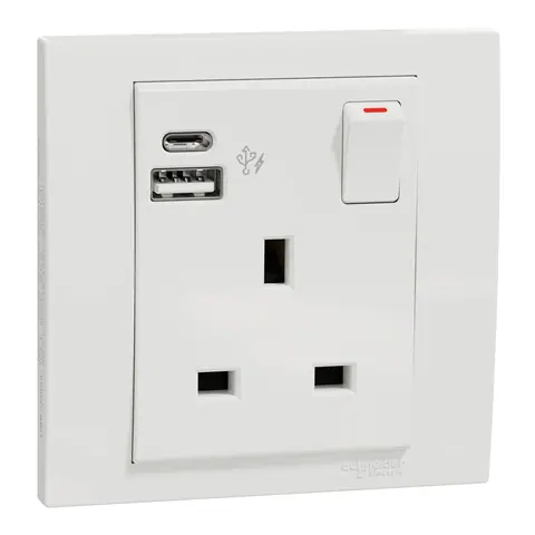 مقبس بمفتاح مع شاحن USB شنايدر Vivace، 13 أمبير، منفذا USB-A وUSB-C، أبيض — KB15DACUSB_WE