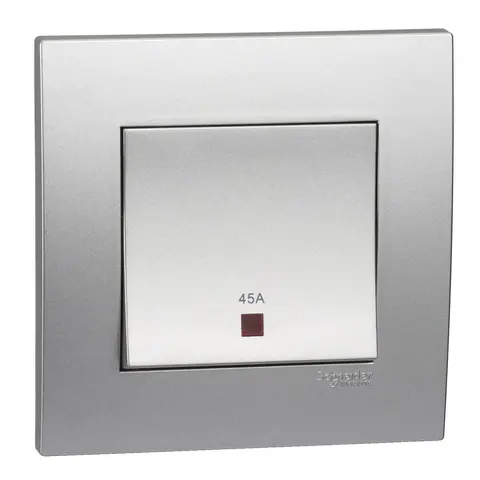 Schneider Electric Double pole switch, Vivace, 45A, 250V, 1 gang, with neon indicator, aluminium silver — KB31DR45N_AS