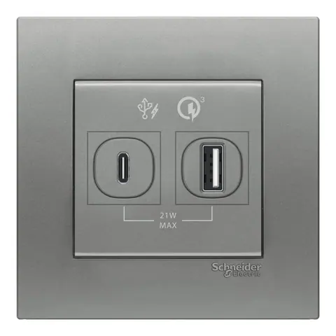 Schneider Electric USB charger, Vivace, PD+QC3.0, 21W, type A + type C, aluminium silver — KB32ACQUSB_AS