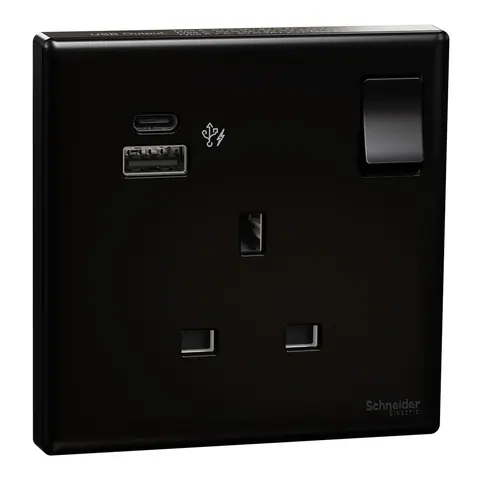 مقبس بمفتاح مع شاحن USB شنايدر Vivace E، وحدة واحدة، 13 أمبير، منفذا USB-A وUSB-C، أسود — KBN15DPUSB_BK