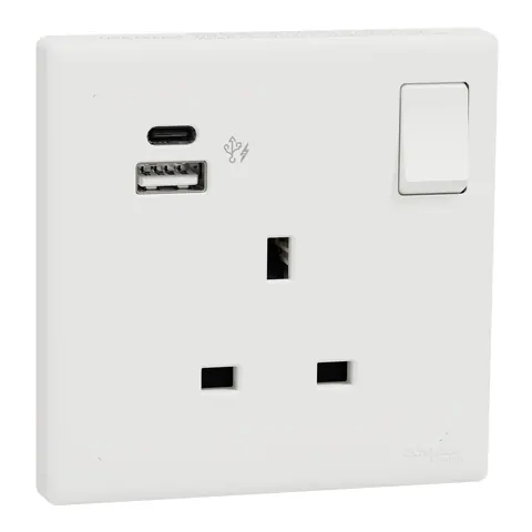 Schneider Electric Switched socket with USB, Vivace E, 13A, 250V, 1 gang, type A+C, 21W, white — KBN15DPUSB_WE
