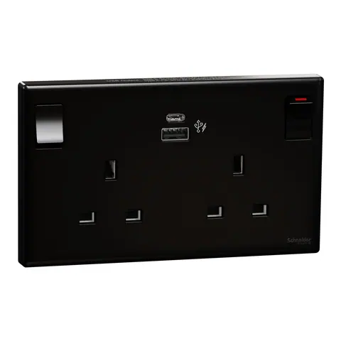 مقبس بمفتاح مع شاحن USB شنايدر Vivace E، وحدتان، 13 أمبير، منفذا USB-A وUSB-C، أسود — KBNT25DPUSB_BK
