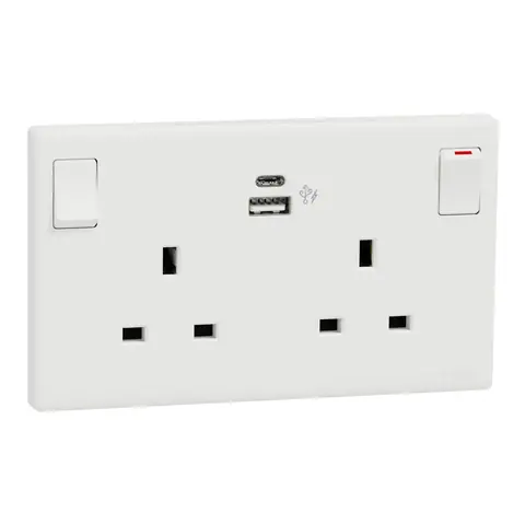 مقبس بمفتاح مع شاحن USB شنايدر Vivace E، وحدتان، 13 أمبير، منفذا USB-A وUSB-C، أبيض — KBNT25DPUSB_WE