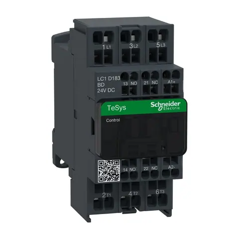 كونتاكتور شنايدر TeSys Deca، 3 أقطاب، 18 أمبير، ملف 24 V DC، 3NO، أطراف زنبركية — LC1D183BD