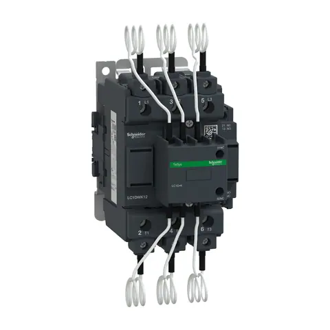 Schneider Electric Capacitor contactor, Tesys Deca, 63kVAR at 400/415V 50Hz, 220V AC 50/60Hz coil, screw clamp terminals — LC1DWK12M7