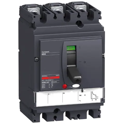 قاطع دائرة MCCB شنايدر ComPacT NSX250F، 3 أقطاب، 100 أمبير، قدرة قطع 36 كيلو أمبير عند 415 فولت، وحدة حماية TMD — LV431634